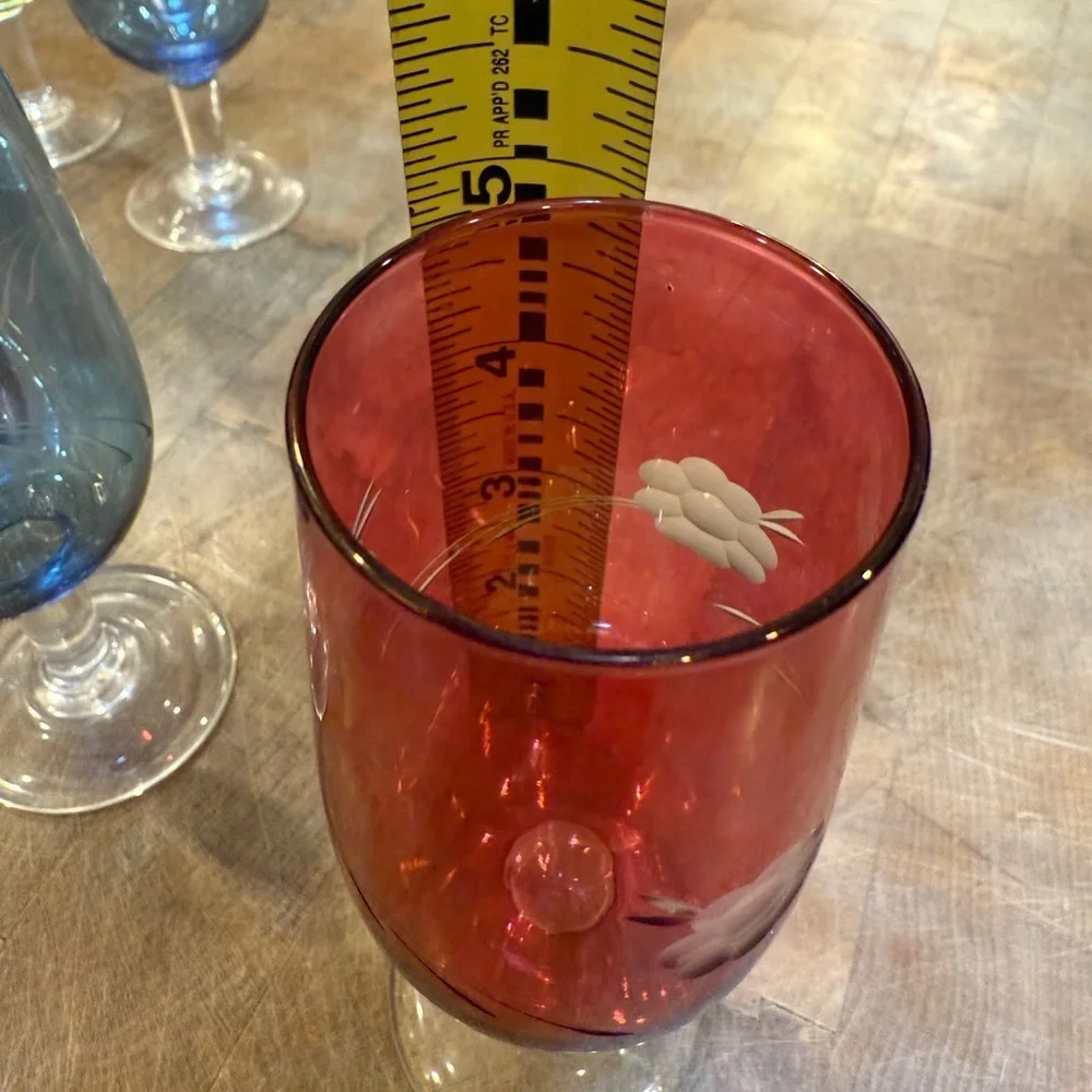 5” Etched Floral Colored Small Stemmed Glasses - Set of 5 Blue, Yellow, Red